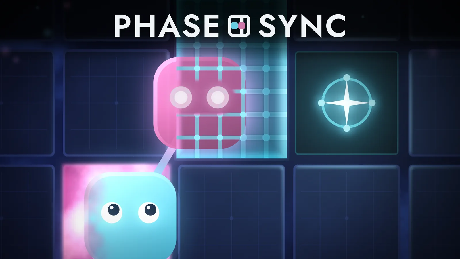 Key art: a pink character in a cyan phase field and a cyan character below it, joined by a tether on a dark grid, under the PHASE SYNC logo.