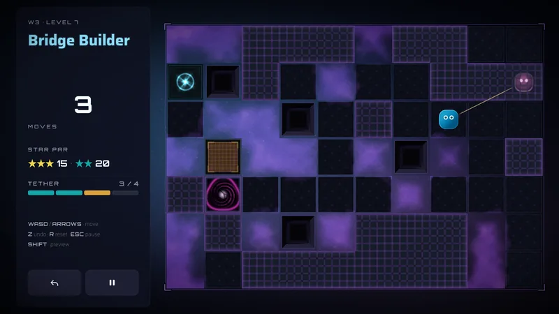 World 3 board in violet: a pushable crate above a pink spirit hazard, the cyan character mid-board and the faded pink one in the top-right corner, the exit top left.